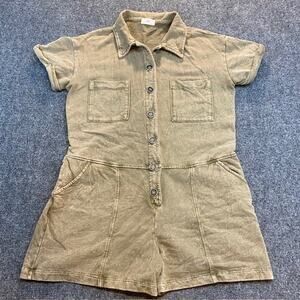 Anthropologie T.La Boiler Utility Romper Medium Brown Green Distressed Casual